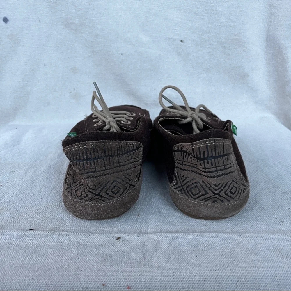 EUC Sanuk Mainsteez Men's Boat Shoes Brown Wool Suede Textile Casual Slip Ons